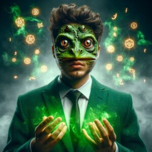 Hombre joven vestido de traje que se está convirtiendo en sapo. Entre luces de colores verdes