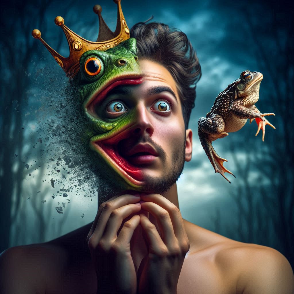 Hombre transformándose en príncipe sapo