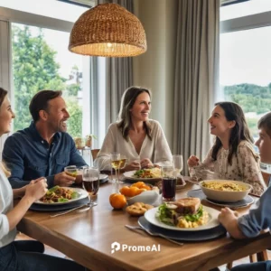 Familia disfrutando mientras come en el salón junto a la ventana .