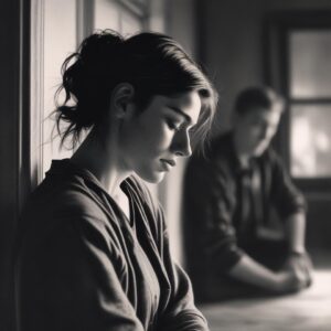 Mujer triste y pensativa con su pareja detrás, es una relación de violencia de género.