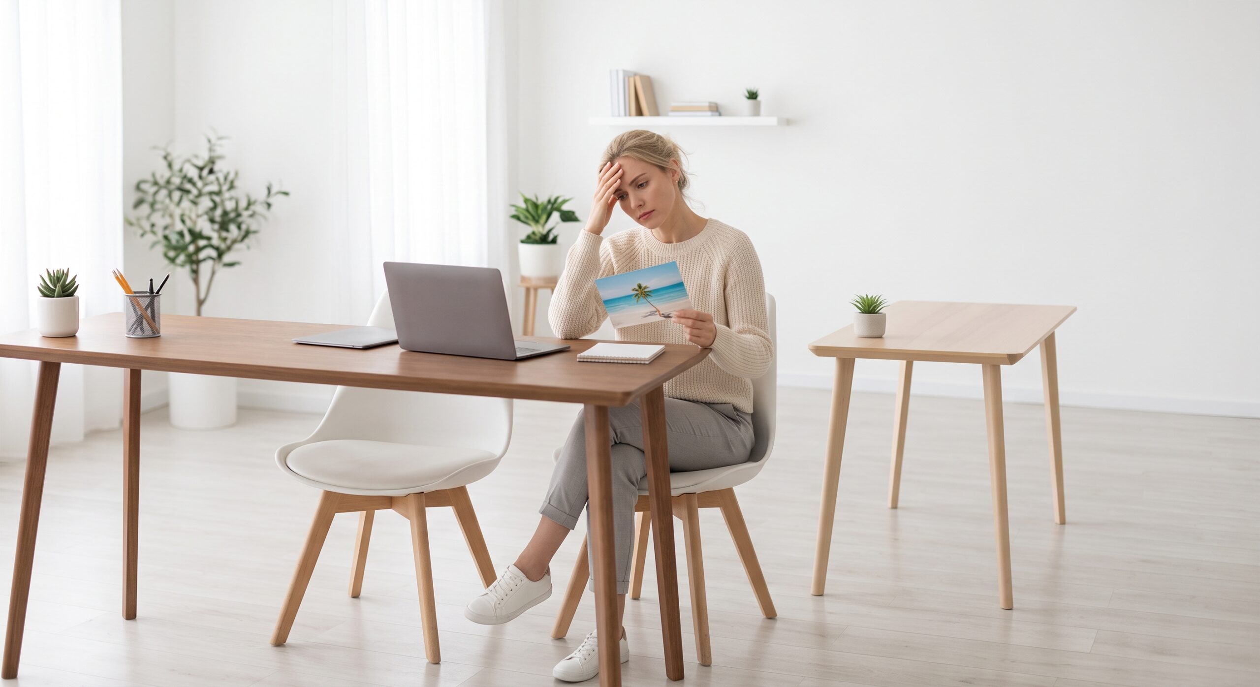 Mujer en su puesto de trabajo con síntomas de ansiedad postvacacional y sobrecarga emocional al volver a la rutina.