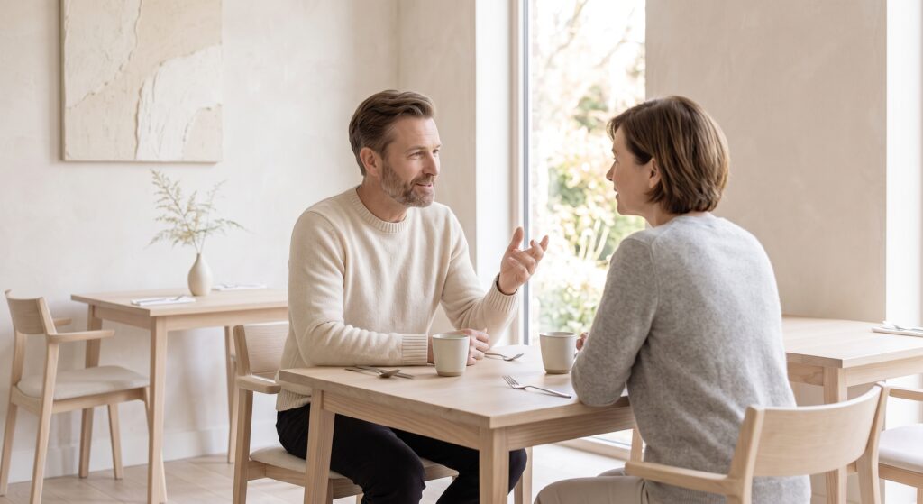 Personas conversando en un restaurante como ejemplo de recuperación de la vida social y regulación atencional en el tratamiento del tinnitus.
