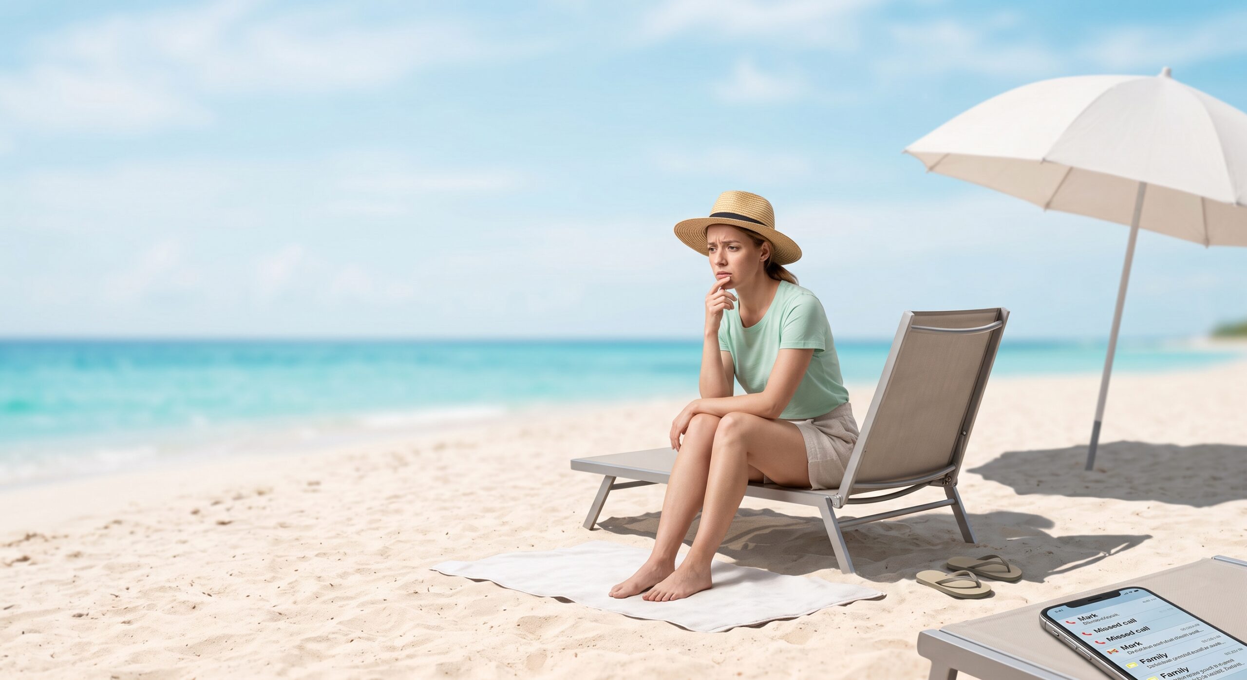 Mujer sentada en la playa con angustia e hiperalerta intentando desconectar del trabajo y la ansiedad durante las vacaciones.