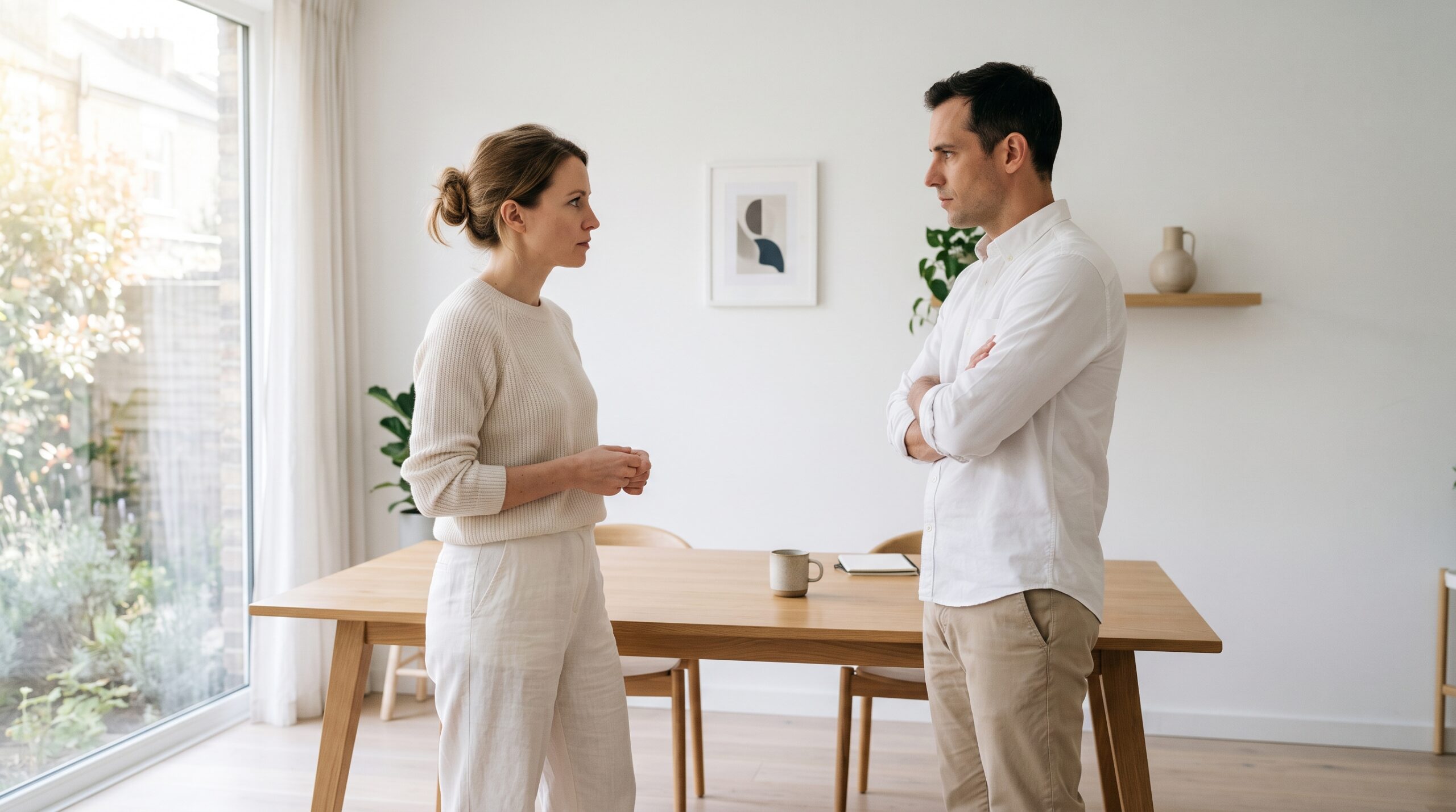 imagen horizontal de dos personas, un hombre y una mujer hablando en calma tensa, discutiendo pero sin dramatismos, mostrando la incomodidad y la culpa asociadas al chantaje emocional.