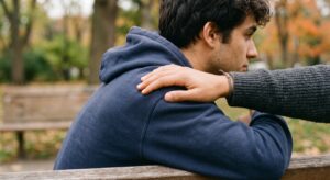 «Una persona apoya la mano en el hombro de un joven sentado en un banco de un parque»
