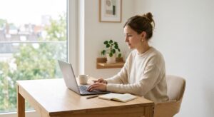 Mujer organizando la vuelta al trabajo con calma frente al portátil para prevenir la ansiedad postvacacional.